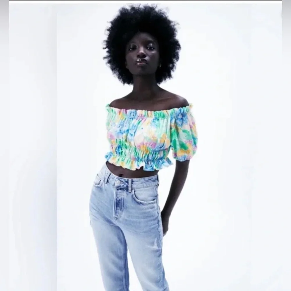 Zara White Puff Sleeve Stretch Poplin Top